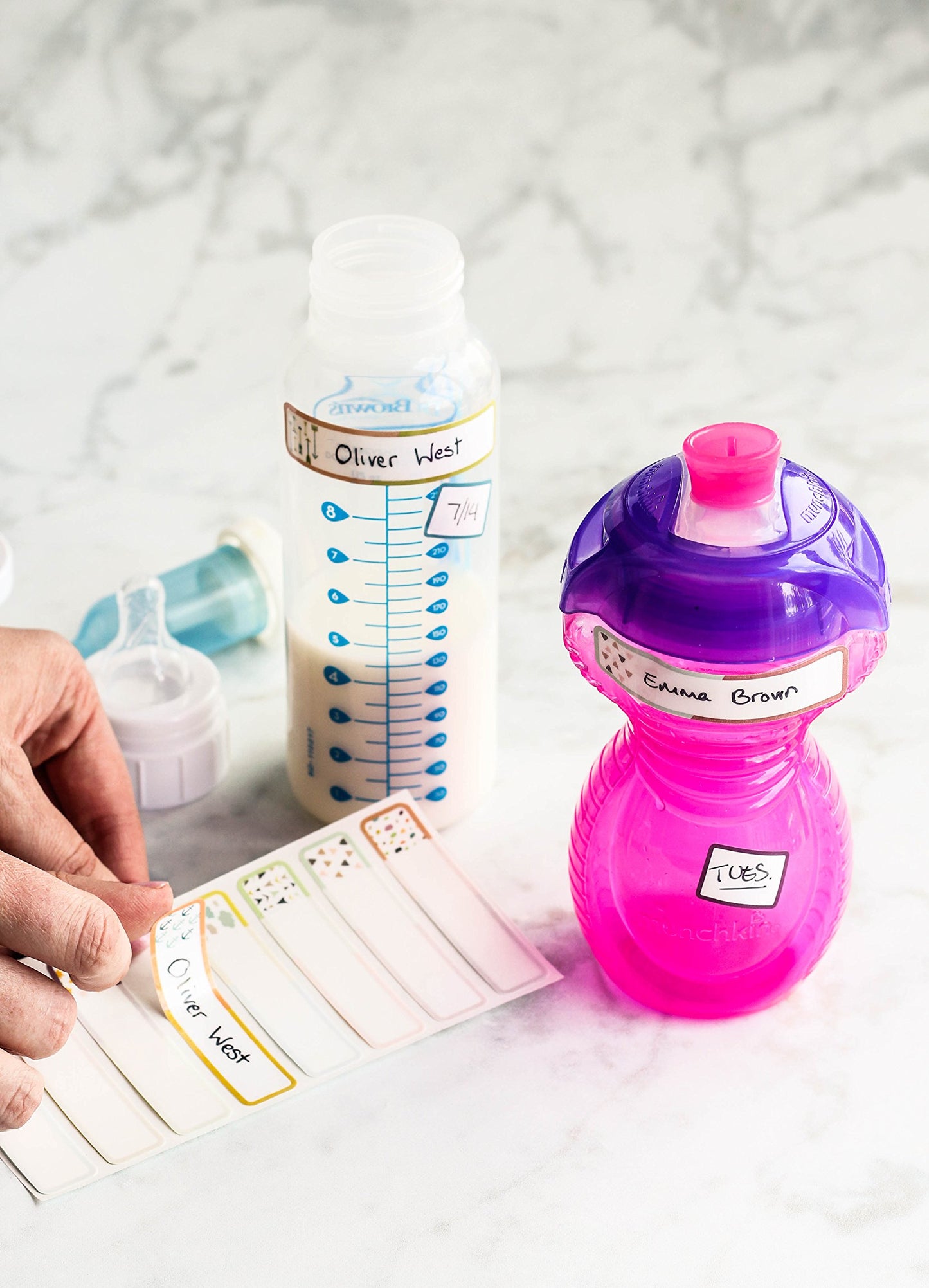 Bottle Labels, Write-On Name, Self-Laminating, Waterproof, Baby Bottle Label For Daycare, Made In The Usa (Playful Patterns Set