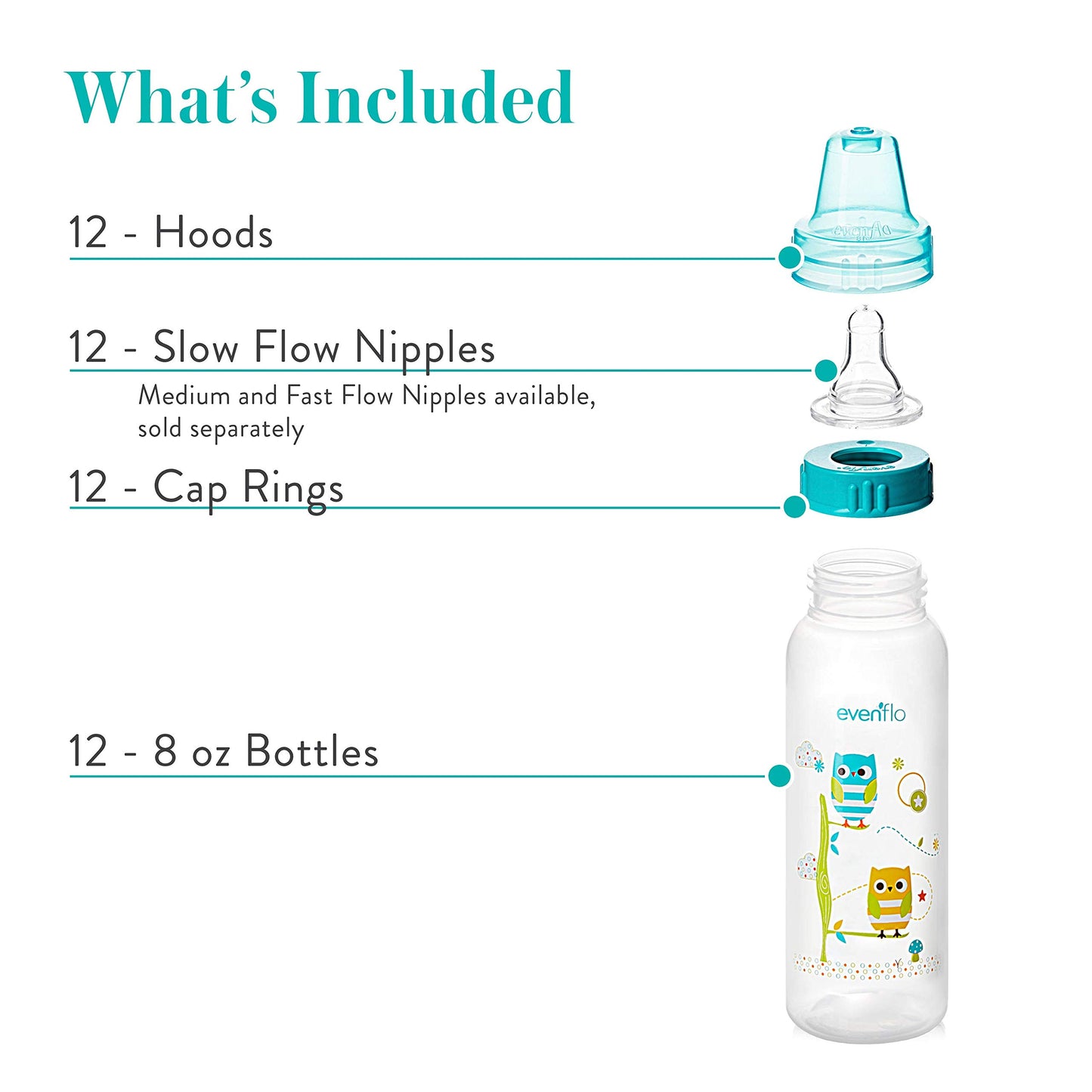 Evenflo Feeding Classic Prints Polypropylene Bottles For Baby, Infant And Newborn - Blue/Green/Teal, 8 Ounce (Pack Of 12)