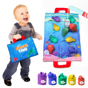 Montessori Toys for 1 Year Old - Cloth Fishing Game with Stacking Cups, Color Sorting & Number Learning Toys for Toddlers 1-3, 1