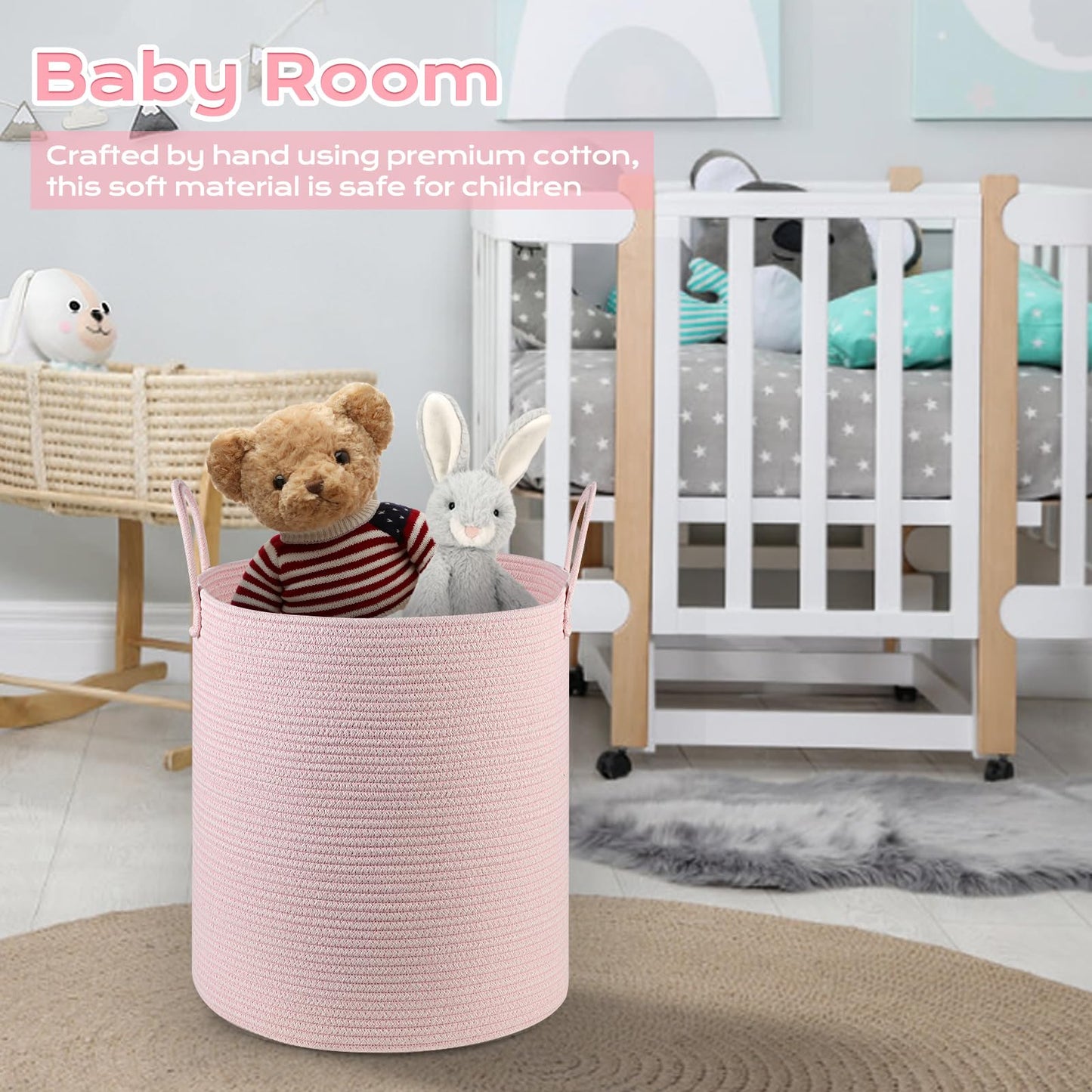 Hobasket Cotton Rope Laundry Basket Hamper For Girls Kids Baby Nursery Hamper Bin Woven Blanket Basket For Living Room Cute Baby
