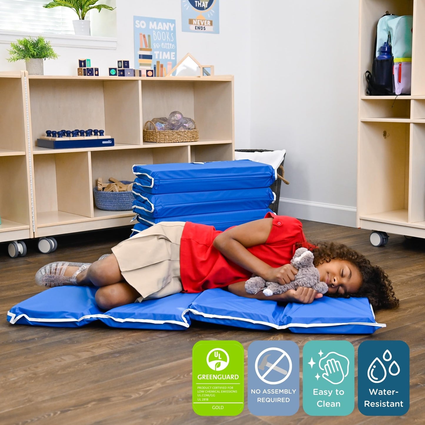 Childrens Factory 2 Inch Thick Folding Rest Mats For Preschool, 4-Section Nap Mats For Daycares, Nursery, Classroom, Blue, 5 Pac