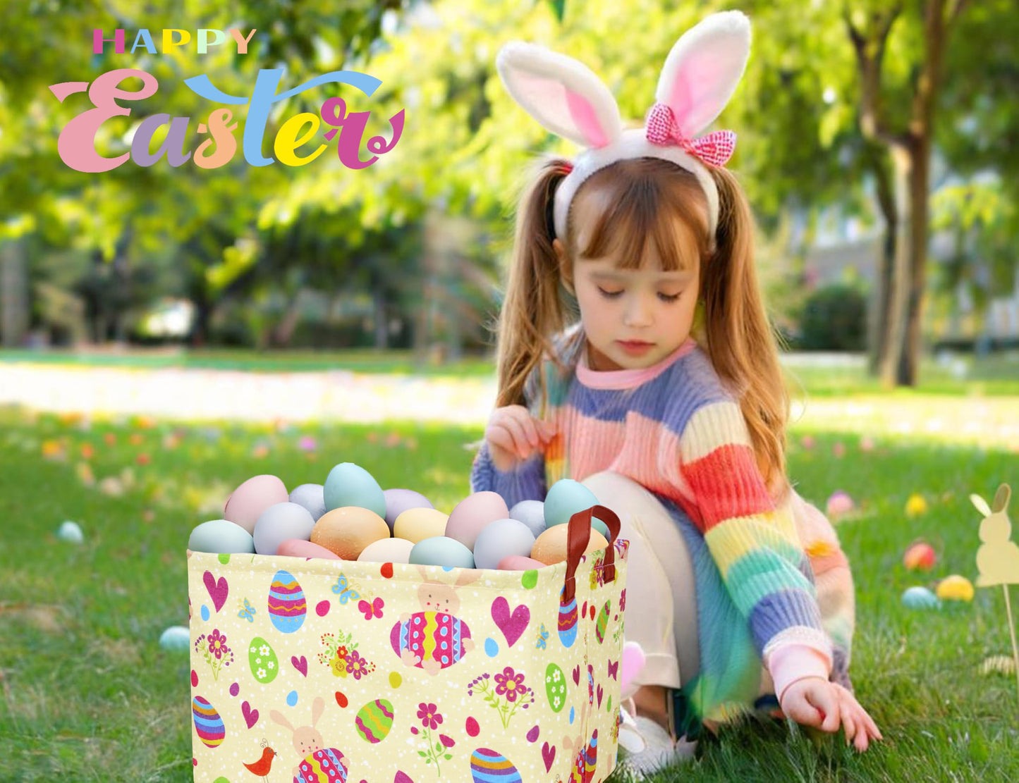 Boohit Large Easter Baskets For Kids Personalized Baby Girl Easter Basket Cute Teen Boy Spring Decor (Bunny Hugging Egg)