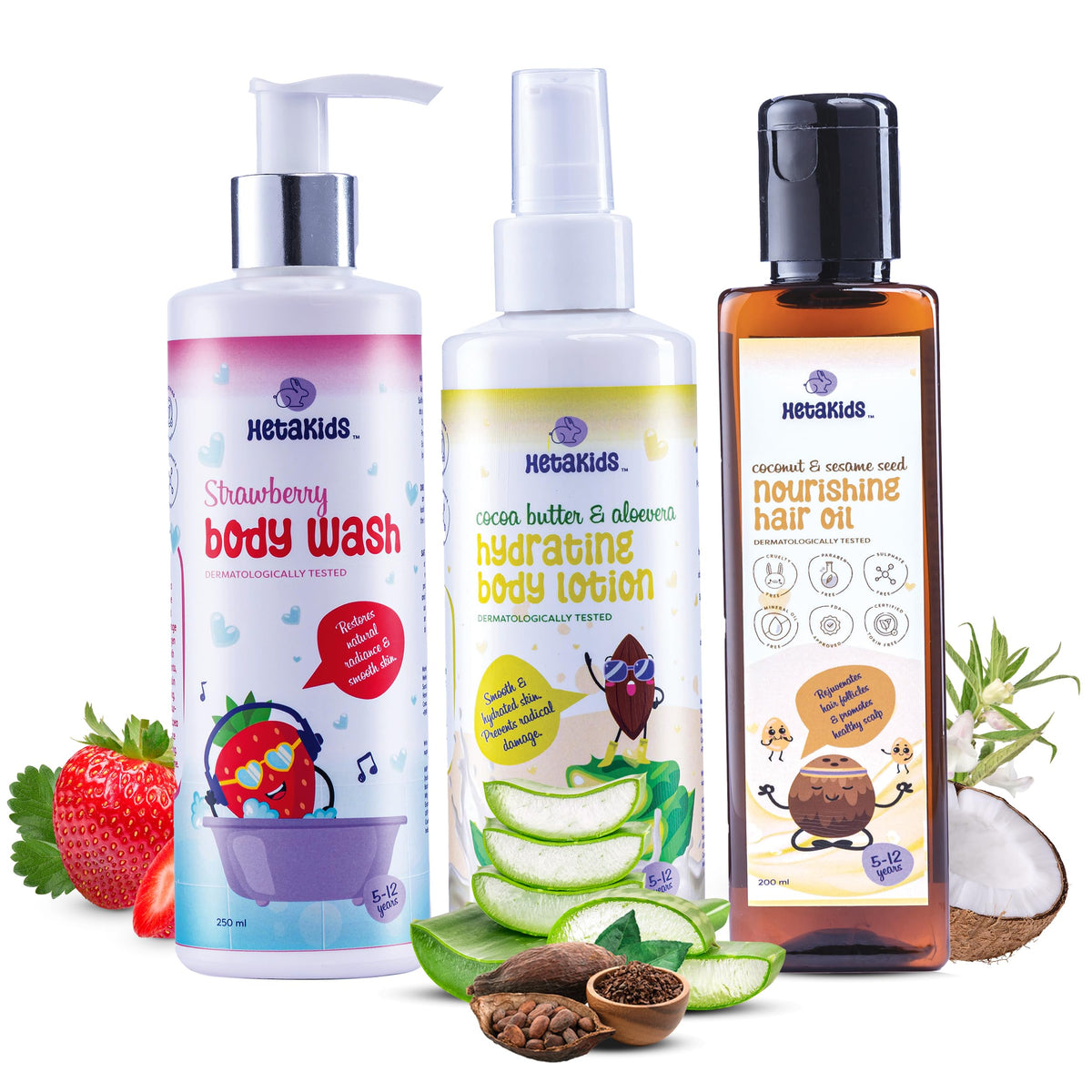 Hetakids Coconut Hair Oil, Strawberry Body Wash, Cocoa Butter & Aloevera Lotion, Complete Skin And Hair Care Baby Products, Trav