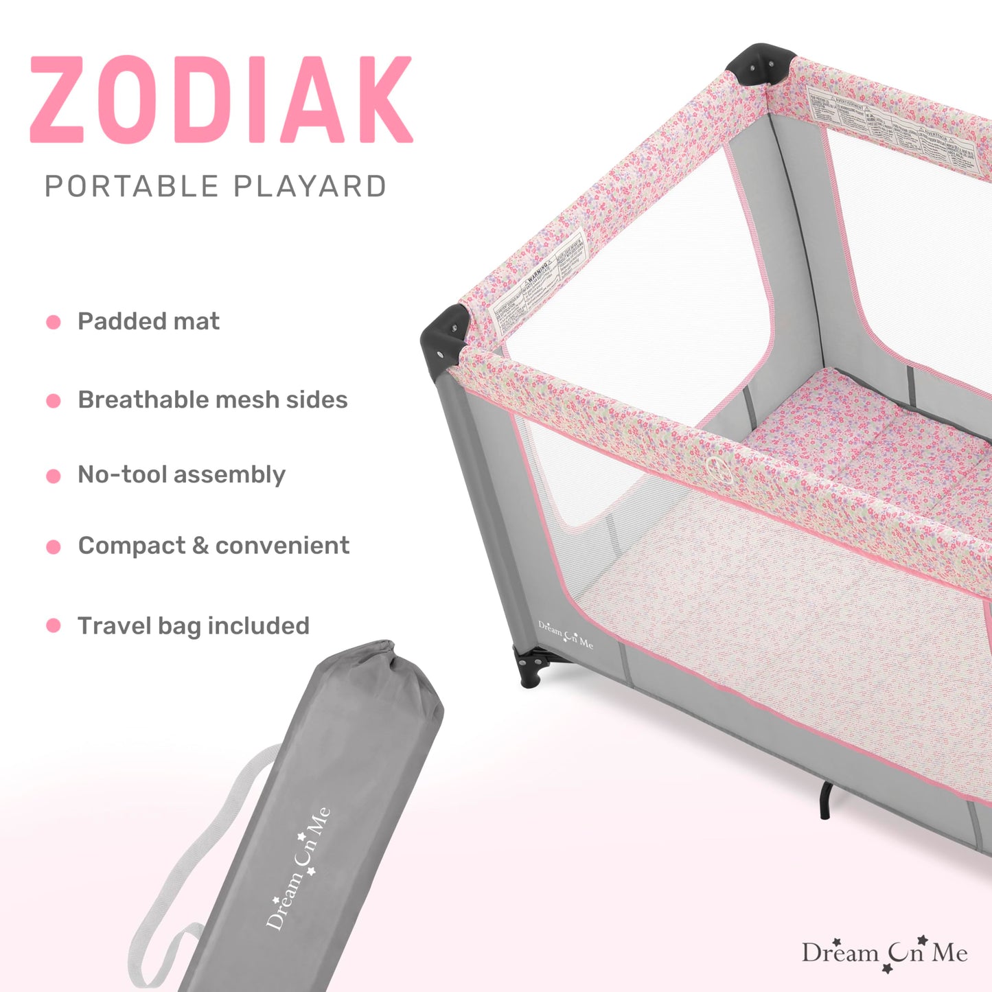 Dream On Me Zodiak Portable Playard In Grey And Pink, Lightweight, Packable And Easy Setup Baby Playard, Breathable Mesh Sides A