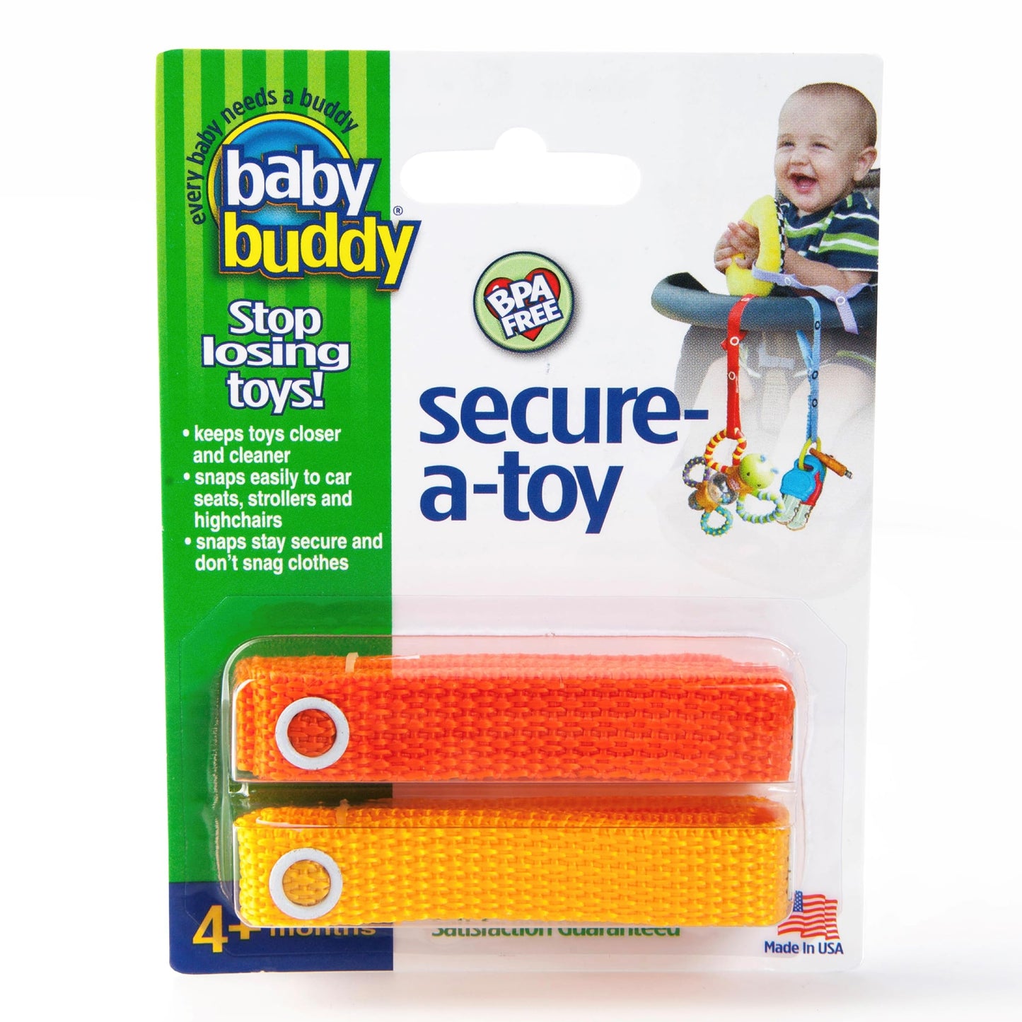 Baby Buddy Secure-a-Toy, Adjustable Pacifier and Teether Strap for Stroller, Highchair, and Car Seat, Orange Gold, 2 pack