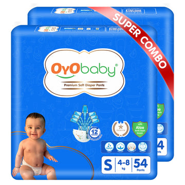Oyo Baby Pant Style Baby Diapers, Pack Of 2  Small (S), 54Count, For Babies 48Kg, With Aloe Vera Lotion For Rash Protection & 