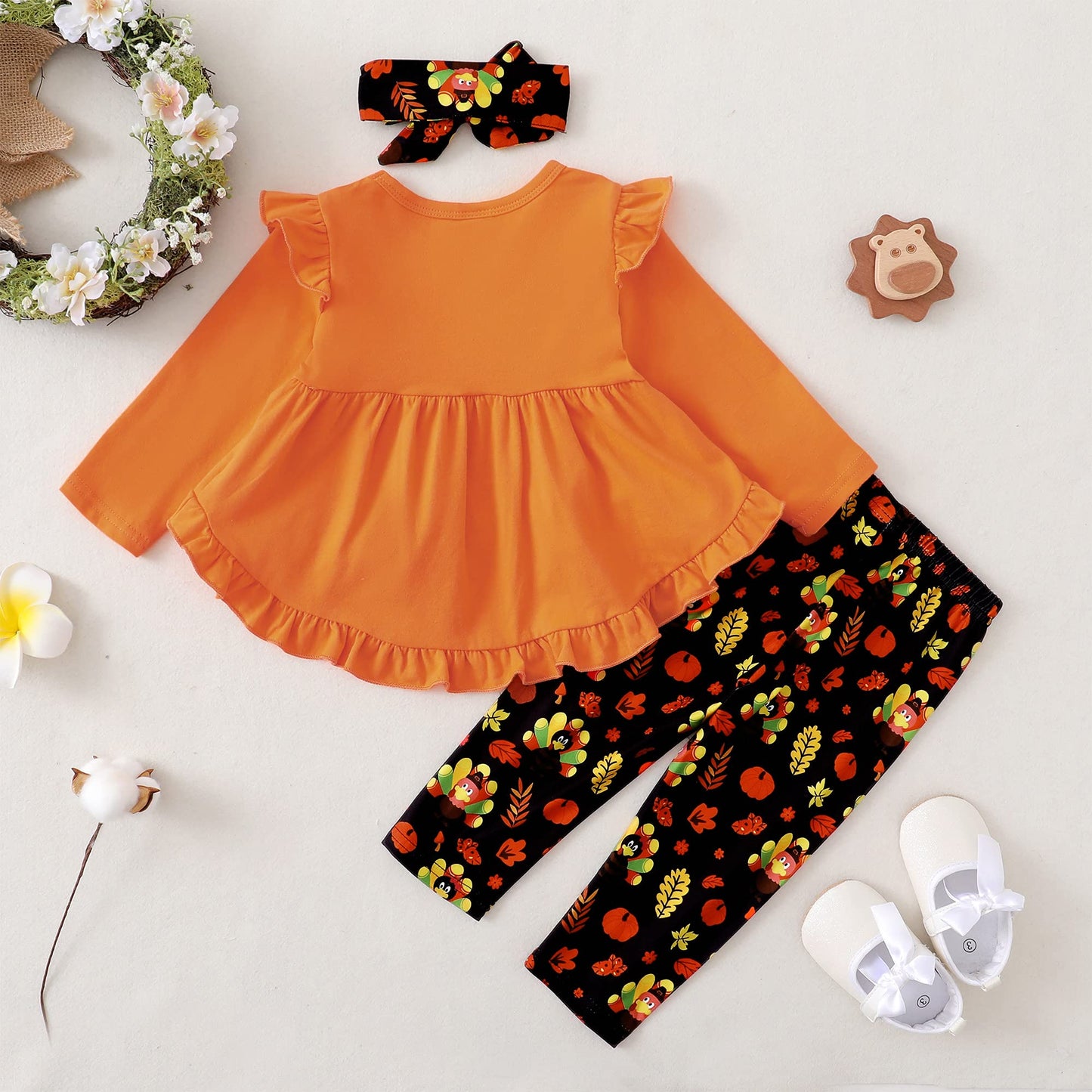 Kucnuzki 18-24 Months Girl Clothing Baby Thanksgiving Outfit Toddler Girl Clothes Cute Little Girl Outfit Baby Ruffle Orange Shi