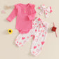Rtnnsbbfcm Newborn Baby Girl Valentine'S Day Outfit Long Sleeve Ribbed Romper Heart Print Pants Headband 3Pcs Set (Pink, 6-12 Mo