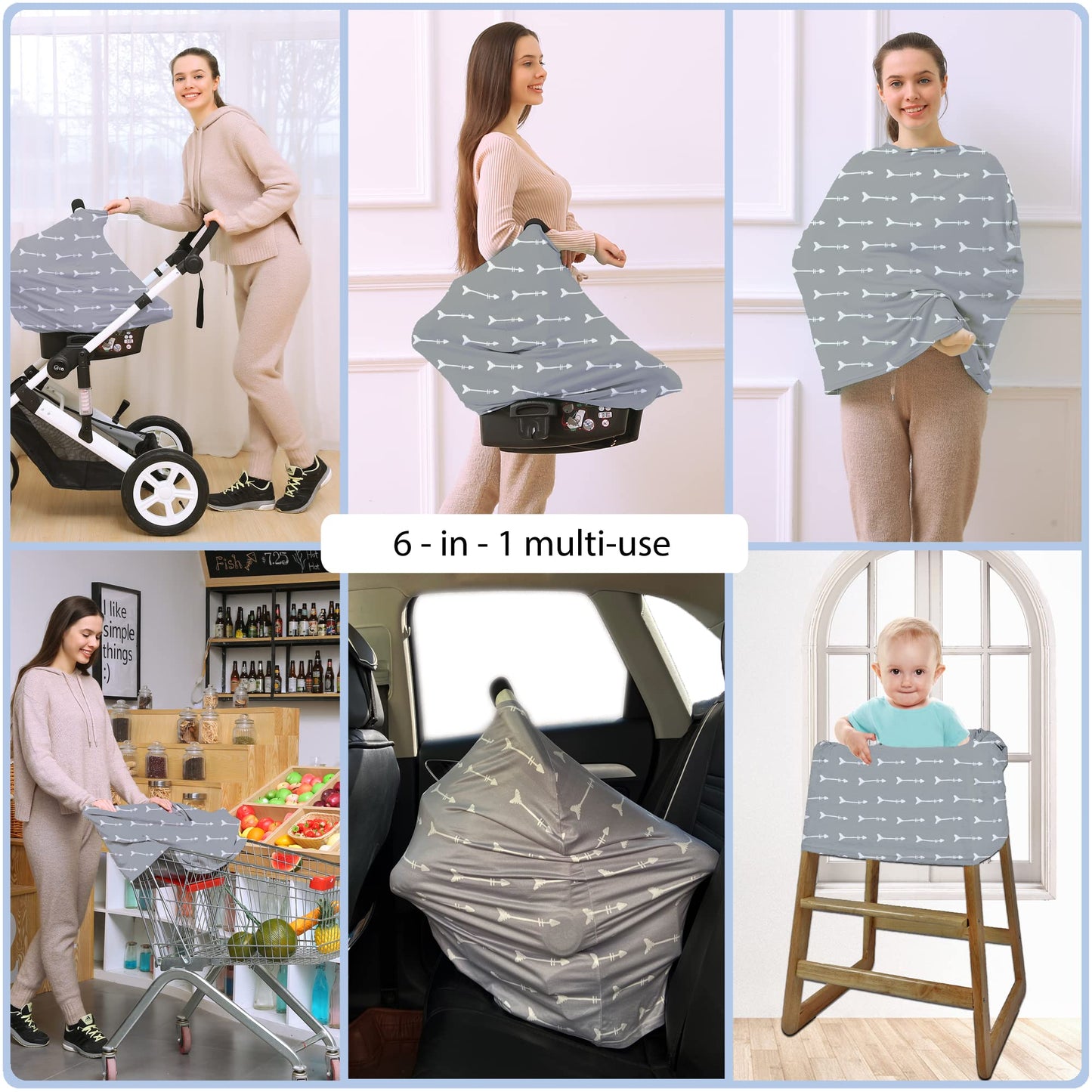 Nursing Carseat Canopy Breastfeeding Cover - Multi-Use Stretchy Car Seat Covers For Babies, Baby Shower Gifts (Grey Arrows)