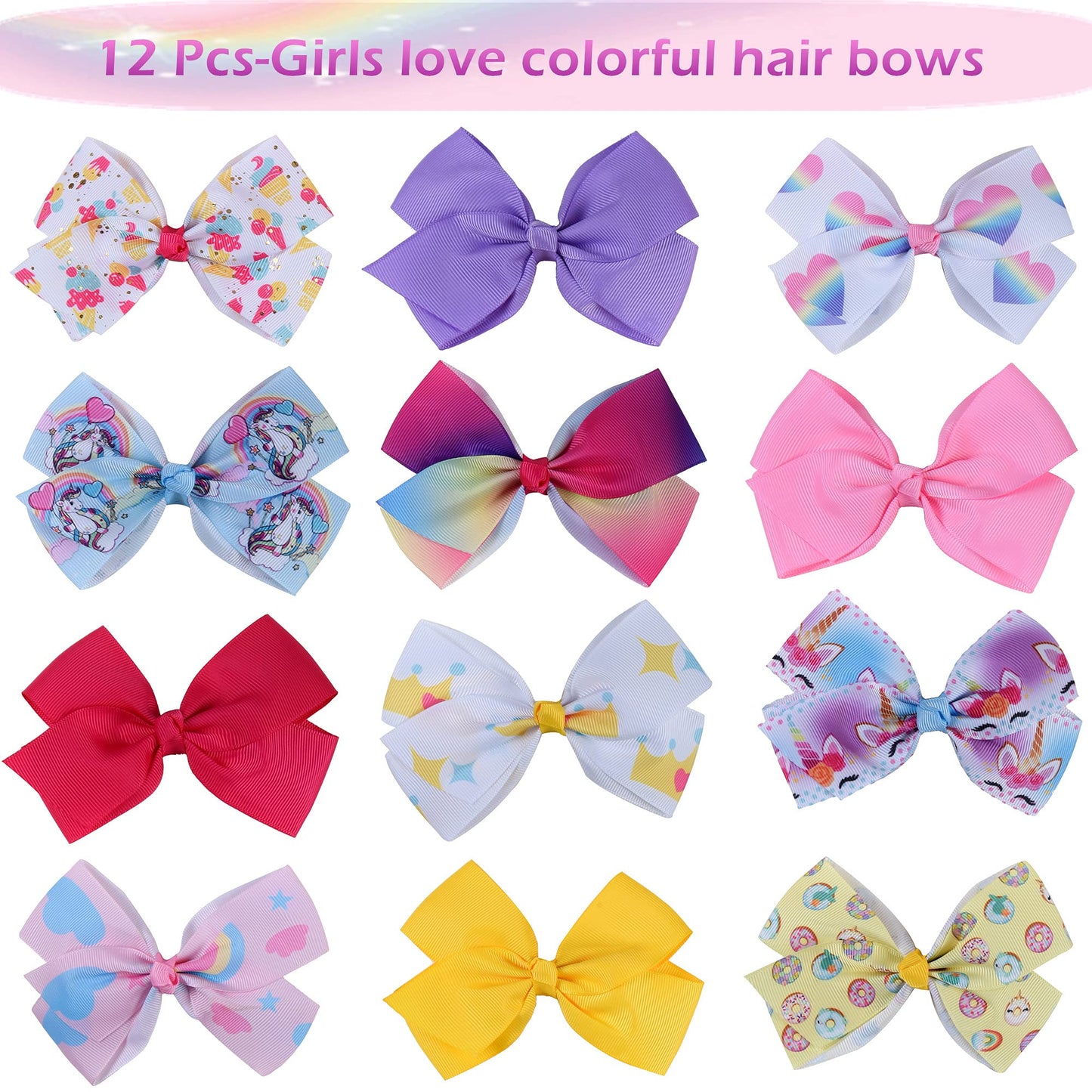 Eygla 18 Pcs 5 Inch Hair Bows For Girls, Rainbow Hair Bows Alligator Clips, Grosgrain Ribbon Bows For Little Girls Toddlers Kids