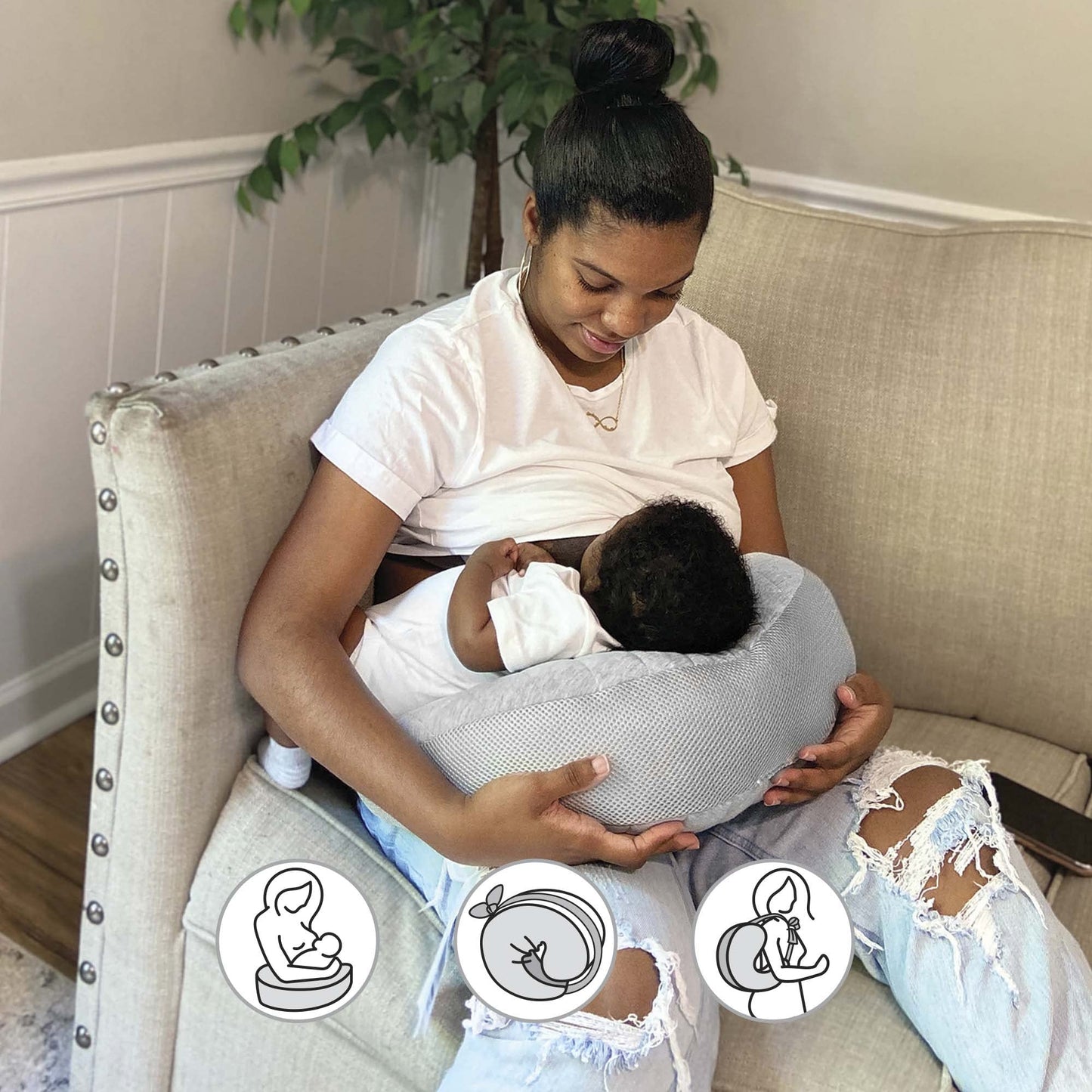 Boppy Anywhere Travel Nursing Pillow, Soft Gray, Plus Sized To Petite With Stretch Belt, Portable Nursing Pillow, Breastfeeding