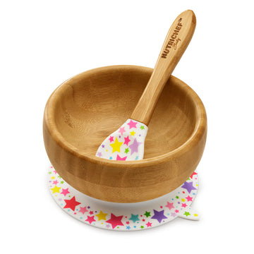 Nutrichef Bamboo Baby Feeding Bowl - Wooden Infant Toddler Dish And Spoon Set W/Silicone Suction Base For Stay Put Eating, For C