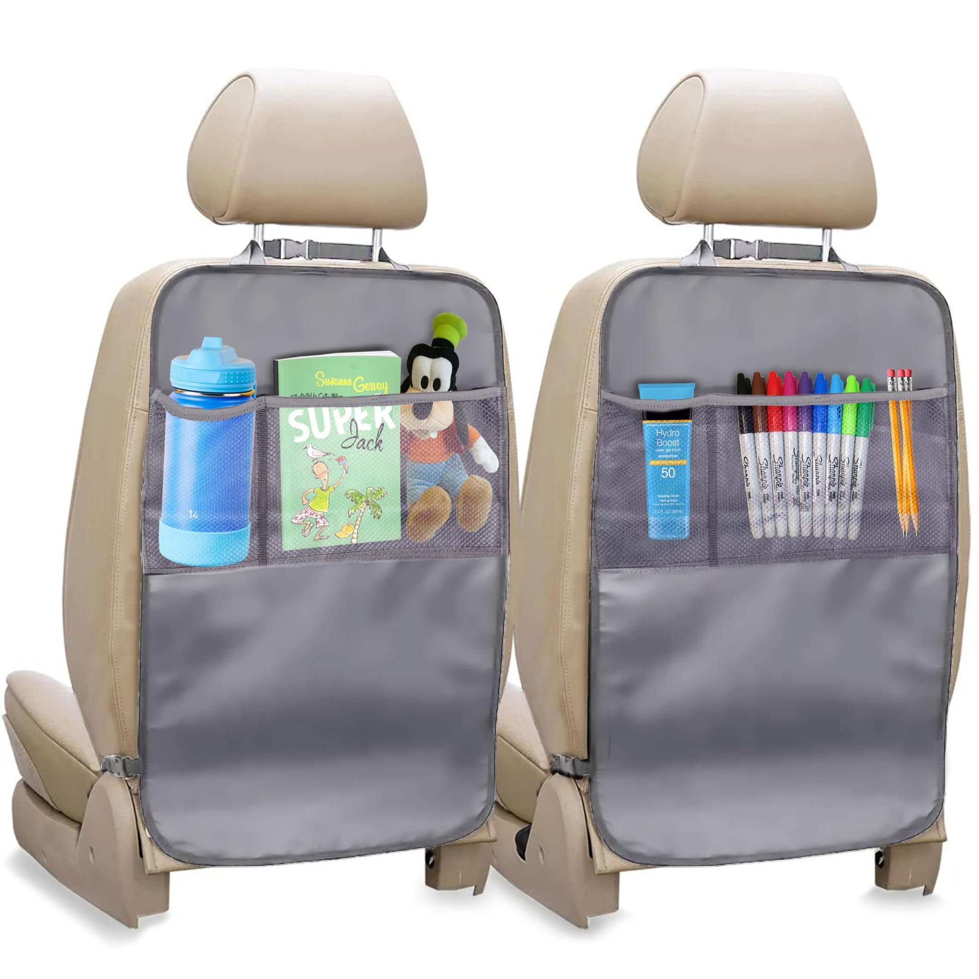 Econour 2-Pack Back Of Seat Protector For Kids Feet | Grey Oxford Fabric Car Kick Mats With 2 Pocket Organizer | Seat Protector
