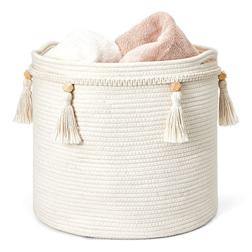Mkono Macrame Decorative Cotton Rope Basket Boho Cute Woven Tassel Closet Storage Bins Organizer For Nursery,Baby Toys,Blankets,