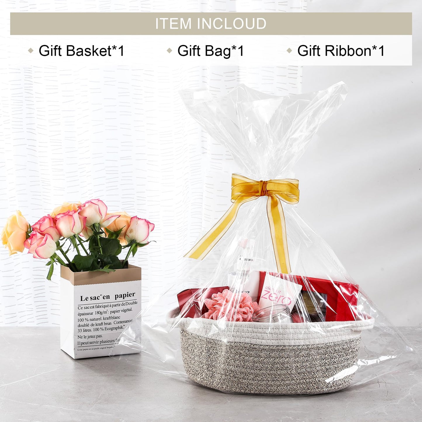 Landneoo Small Woven Basket With Gift Bags And Ribbons, Empty Decorative Gift Chest Box, Cute Baby Gift Basket For Nursery, Cott