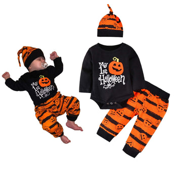 Unutiylo Newborn Baby Boy Clothes My First Halloween Pumpkin Boudsuit Romper Black Stripes Long Sleeve Pants Hat 3Pcs Outfits Se