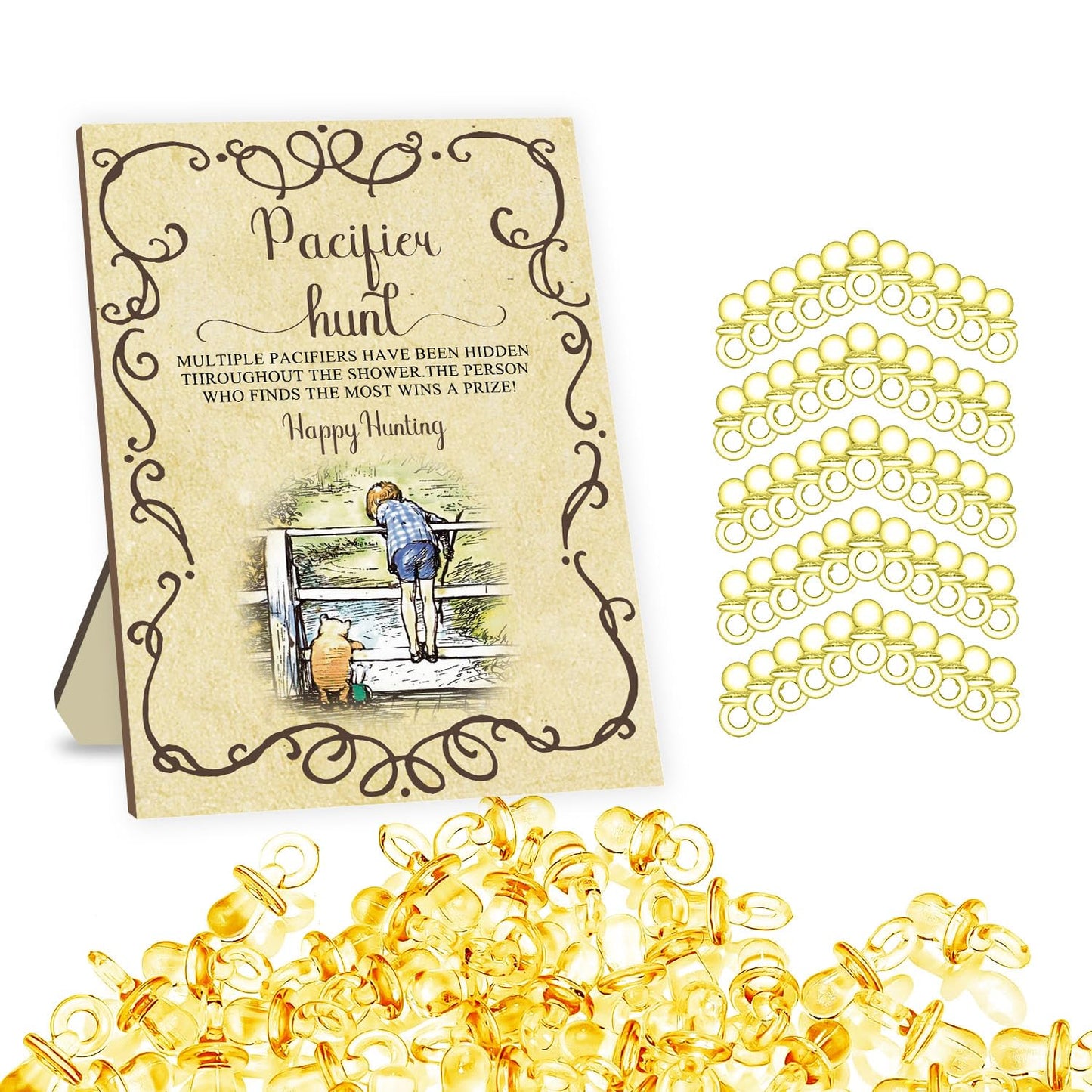 Winnie Baby Shower Games Set, Classic Pooh Pacifier Hunt Sign For Baby Shower Game, 50Pcs Yellow Mini Pacifiers Decor For Baby S