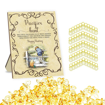 Winnie Baby Shower Games Set, Classic Pooh Pacifier Hunt Sign For Baby Shower Game, 50Pcs Yellow Mini Pacifiers Decor For Baby S
