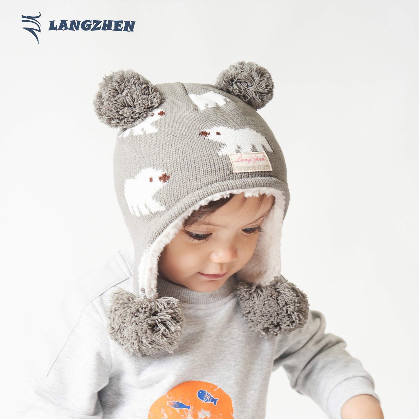 Langzhen Toddler Kids Infant Winter Hat,Earflap Knit Warm Cap Fleece Lined Beanie For Baby Boys Girls (Polar Bear - Grey, S(46-4