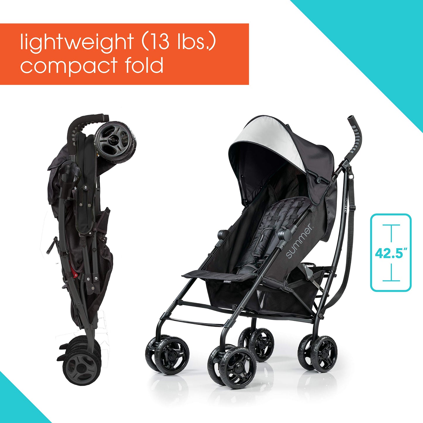 Ingenuity 3Dlite Convenience Stroller, Jet Black - Lightweight Stroller With Aluminum Frame, Large Seat Area, 4 Position Recline