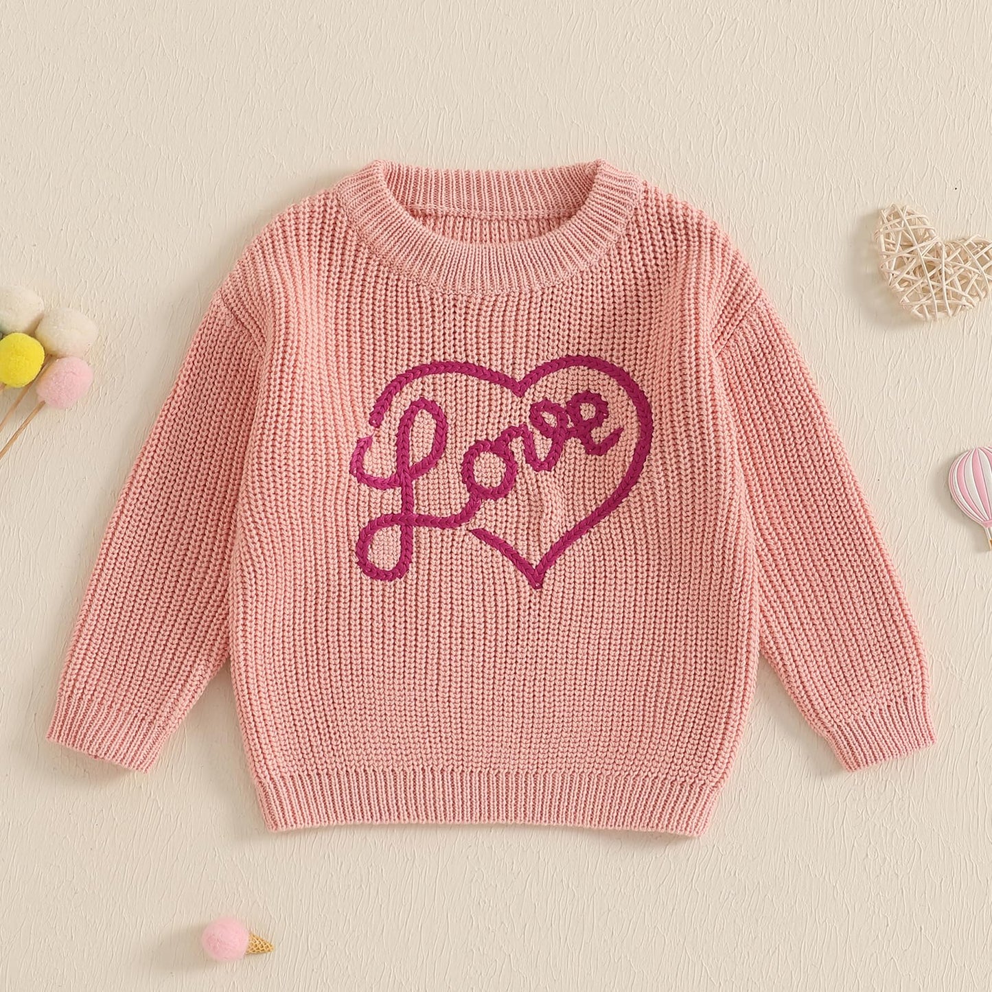 Nokpsedcb Baby Girl Cute Long Sleeve Heart Flowers Embroidery Oversized Sweater Toddler Valentine Outfit (Pink Love, 18-24 Month