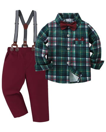 Yallet Toddler Baby Boy Clothes Suit Gentleman Outfits Formal Dress Shirt + Bowtie + Suspender Pants Wedding Party(L Red-Checker