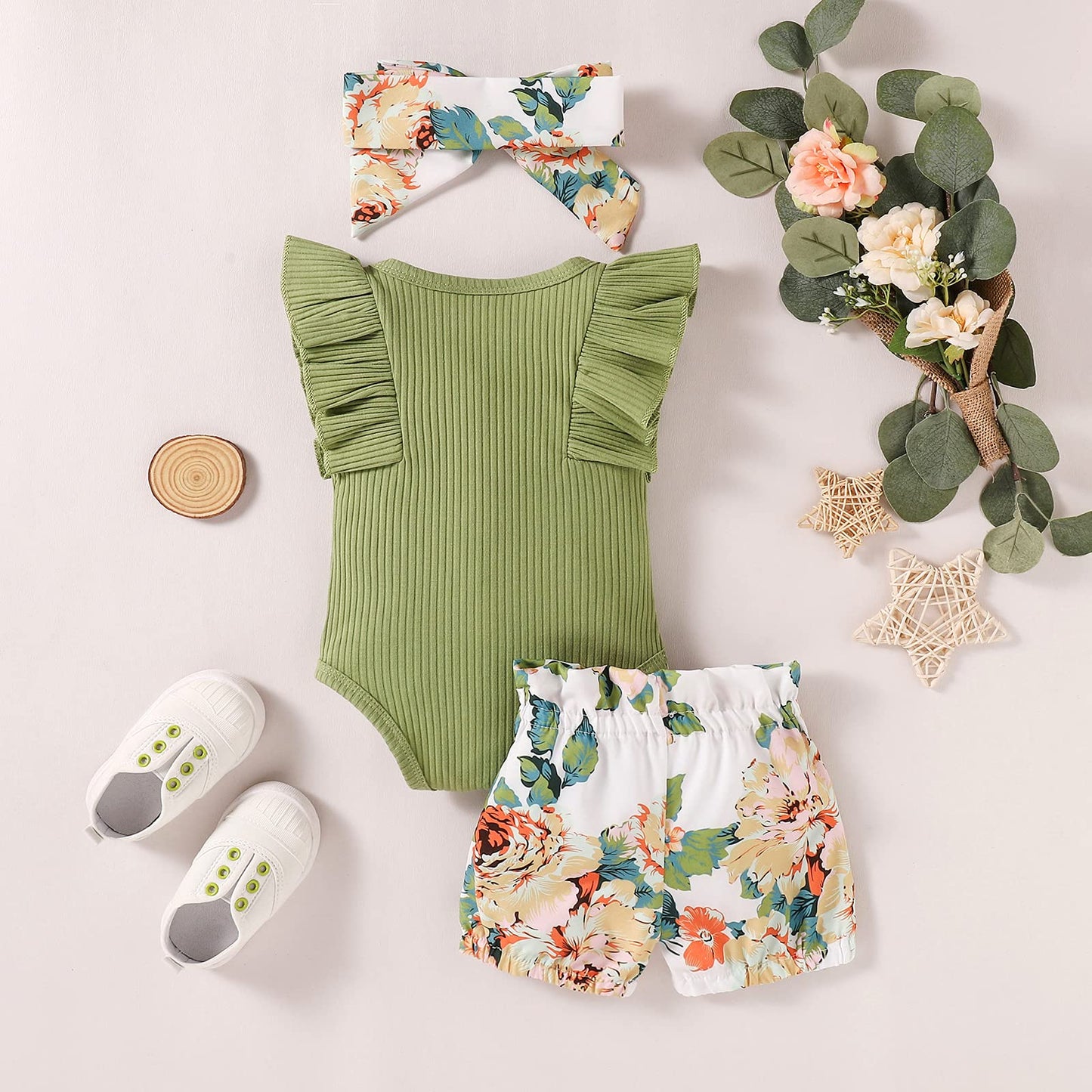 Baby Girl Clothes Infant Summer Outfits Set Ruffle Sleeve Romper Floral Pants 3Pcs Bodysuit +Shorts +Headband (Green, 0-3 Months