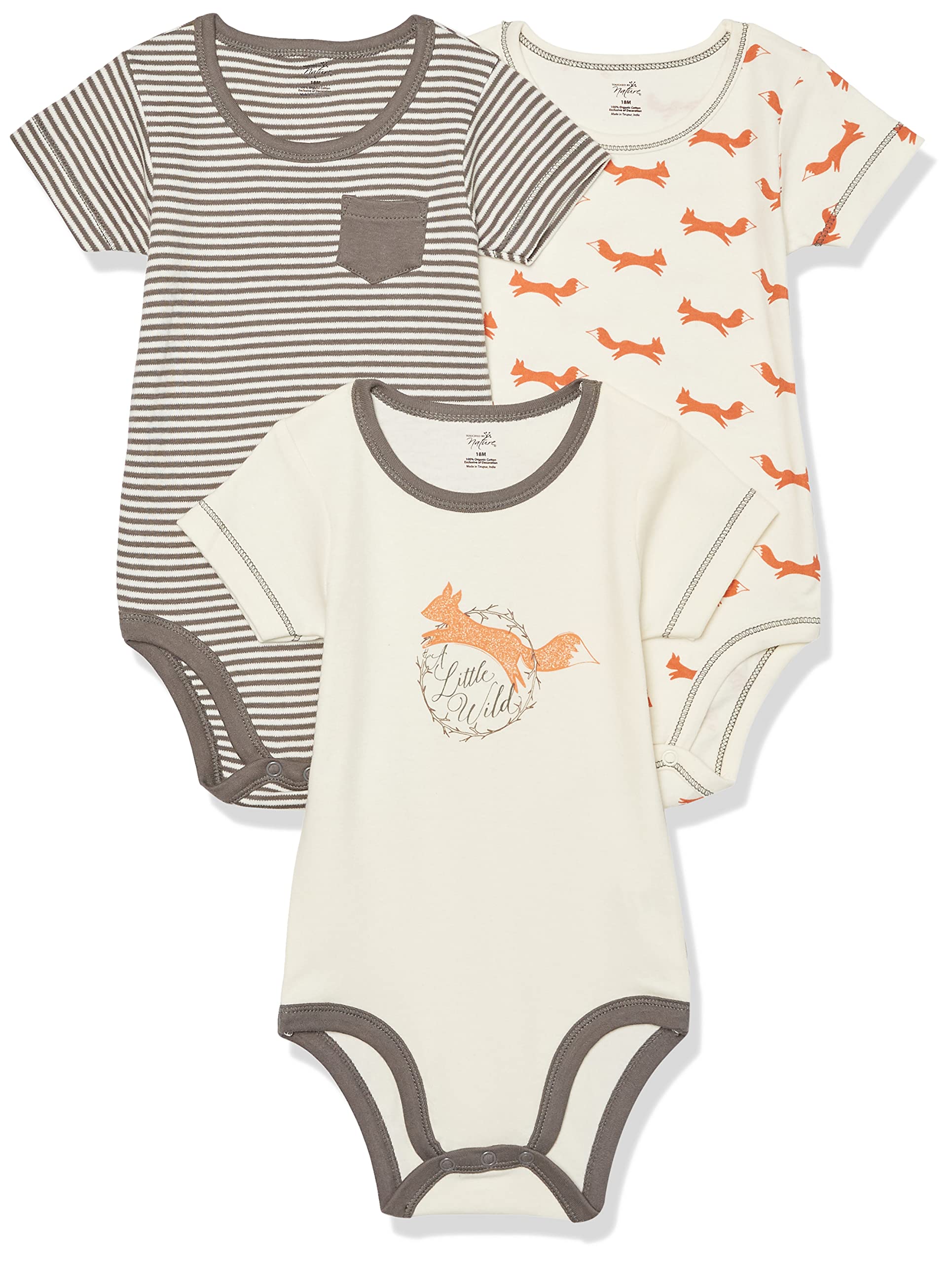 Touched By Nature Unisex Baby Organic Cotton Bodysuits, Fox 3-Pack, 3-6 Months