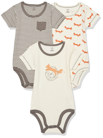 Touched By Nature Unisex Baby Organic Cotton Bodysuits, Fox 3-Pack, 3-6 Months