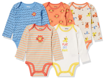 Amazon Essentials Disney  Marvel  Star Wars Unisex Babies Long-Sleeve Bodysuits, Pack Of 5, Lion King Play Eat Roar, Newborn