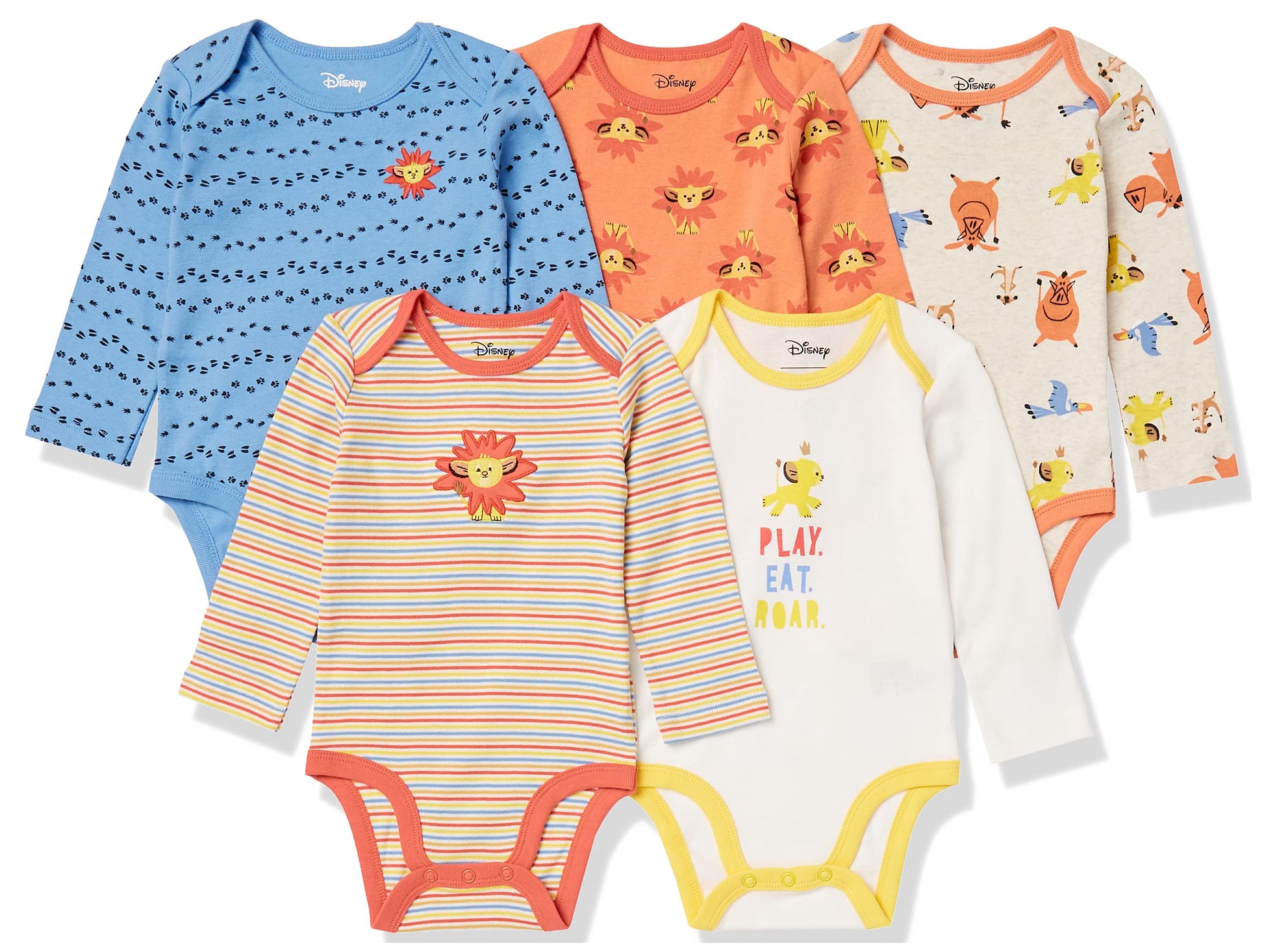 Amazon Essentials Disney  Marvel  Star Wars Unisex Babies Long-Sleeve Bodysuits, Pack Of 5, Lion King Play Eat Roar, Preemie