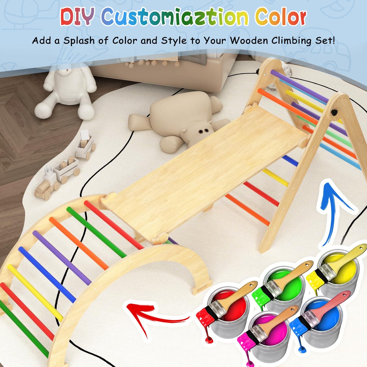 Cmfydaily Large Pikler Triangle Set, 5 In 1 Foldable Baby Climbing Gym Indoor Montessori Climbing Set Wooden Toddler Climbing To