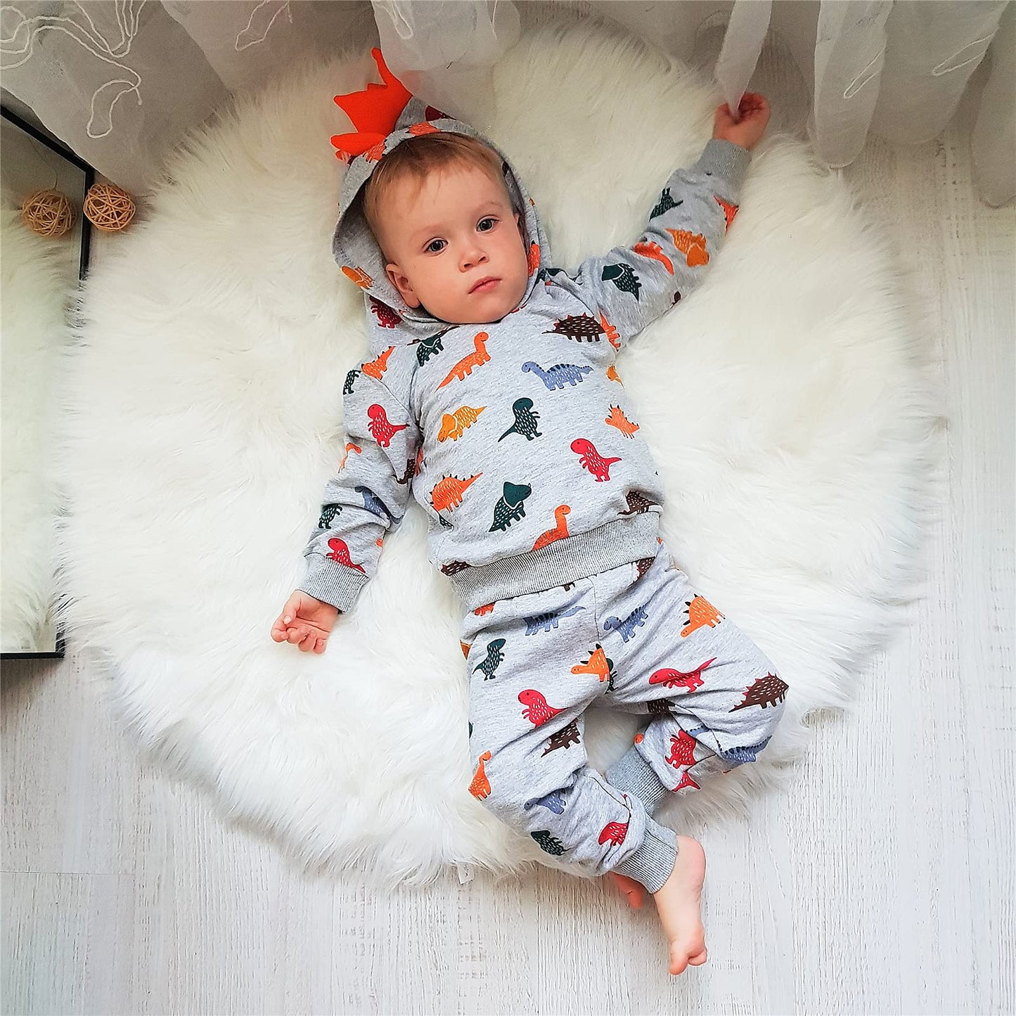 Toddler Infant Baby Boy Clothes Colored Dinosaurs Long Sleeve Hoodie Tops Sweatsuit Pants Outfit Set (6-9 Months)