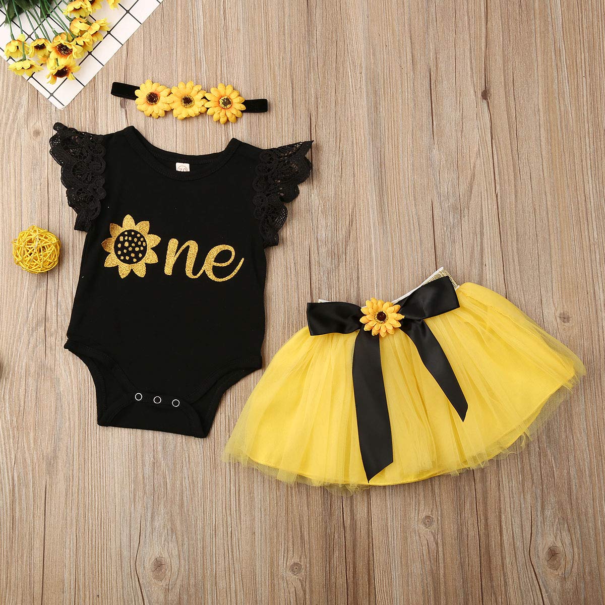 Ma&Baby Newborn Girls 1St Birthday Outfit Ruffled Floral One Romper Yellow Tutu Skirt Dress First Birthday Girl Outfit (Black+Ye