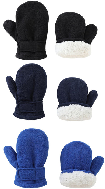 Baby Toddler Mittens Boys Girls Winter Outdoor Gloves Kids Easy-On Fleece Warm Mittens Black Blue Navy 3 Pairs M(1-2 Years)