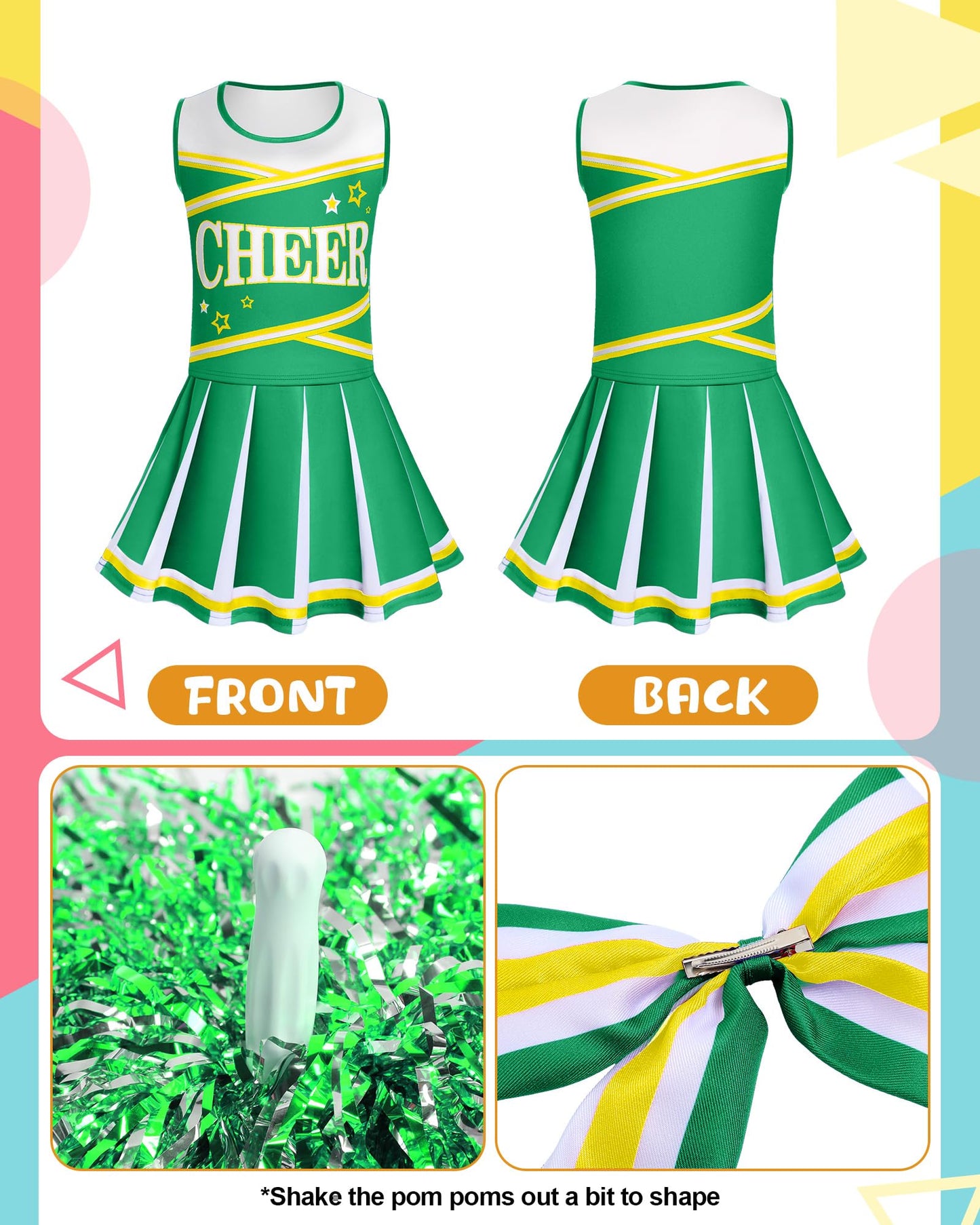 Jenpen Cheerleader Costume For Girls Cute Cheerleading Outfit Cheer Uniform For Halloween Dress Up With Accessories (Green,M(5-7