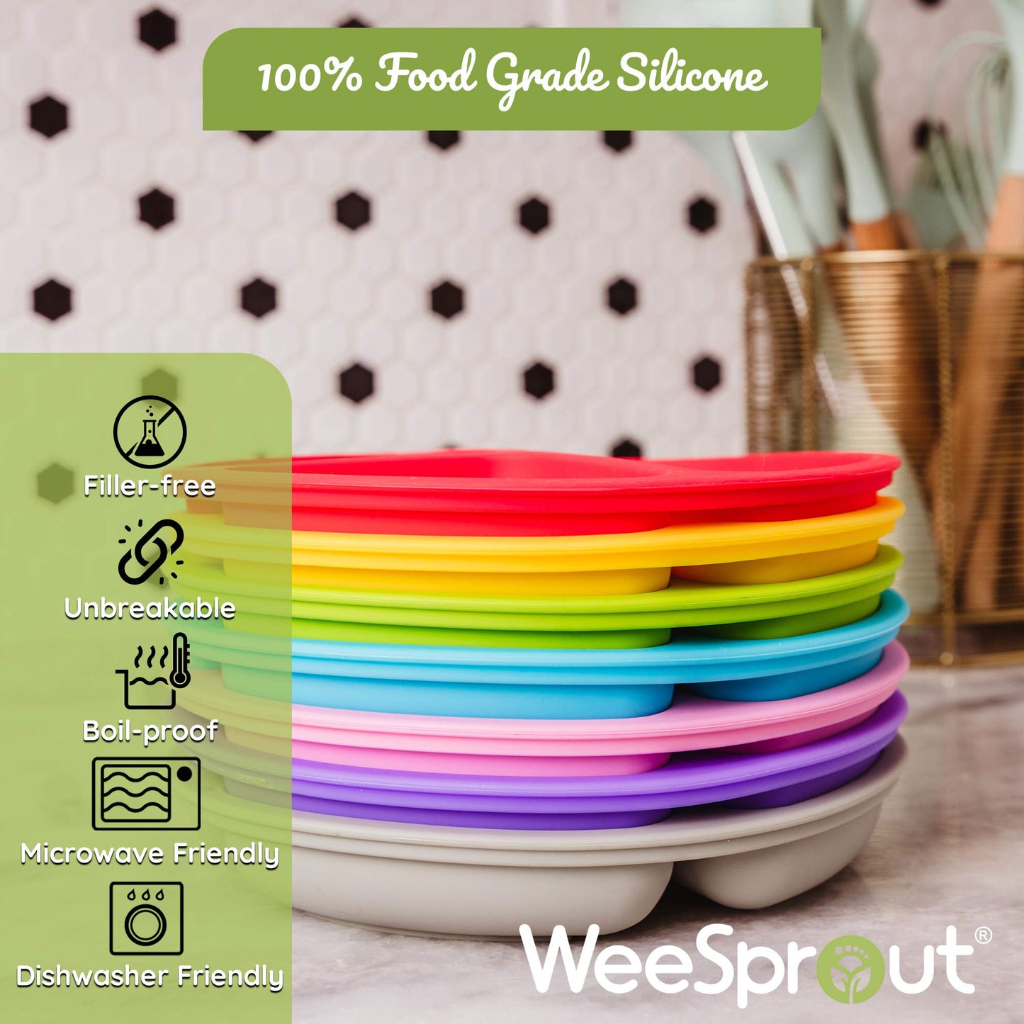WeeSprout Silicone Plates for Babies & Toddlers (3 Pack) 100% Food-Grade Dishes for Self Feeding, Divided Design & Raised Edges