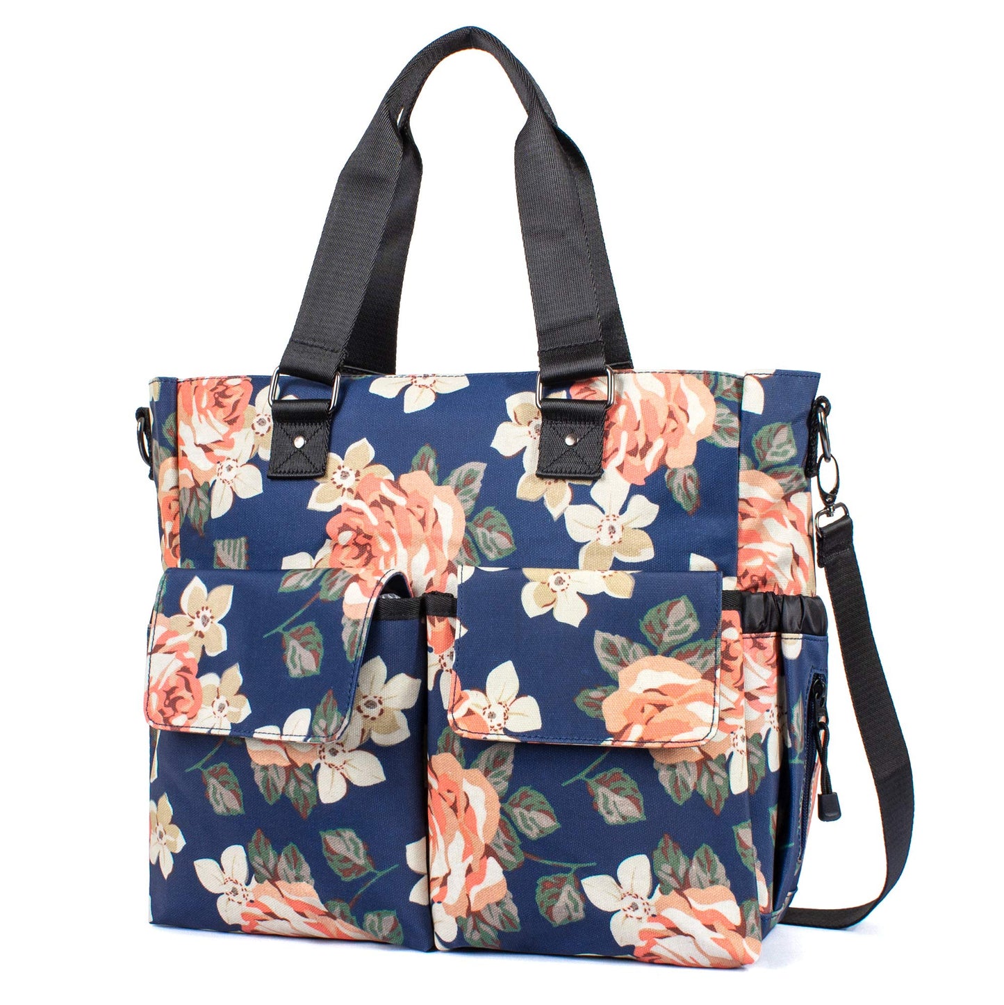 H Hikker-Link Womens Large Floral Waterproof Diaper Bag Weekend Bags Handbag For Mom Tote Bag Changing Pad Dark Blue