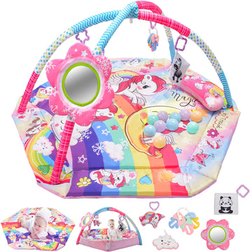Battop Baby Gym Play Mat, 8-In-1 Tummy Time Activity Mat & Ball Pit With 6 Toys, Washable Sensory Playmat For Visual/Hearing/Mot