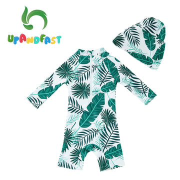 Upandfast Baby/Toddler One Piece Zip Sunsuits With Sun Hat Upf 50+ Sun Protection Infant Beach Swimsuit (Leaf, 9-12 Months)