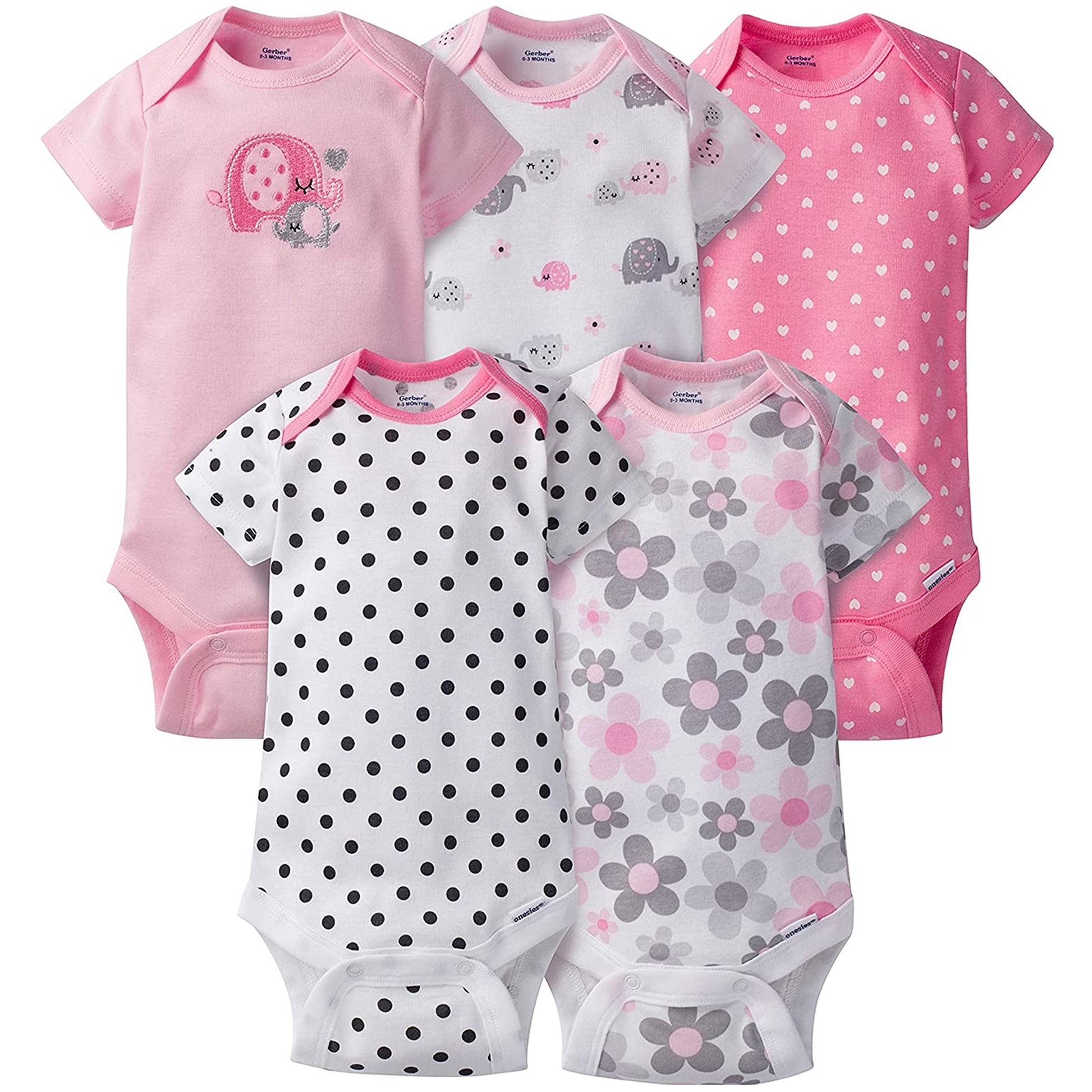 Gerber Baby Girls 5-Pack Short Sleeve Variety Onesies Bodysuits Elephants/Flowers 3-6 Months