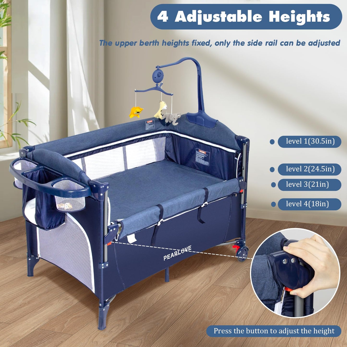 Pearlove Baby Bassinet Bedside Crib With Portable Diaper Changing Table, 5-In-1 Pack And Play Baby Crib For Newborn Baby, Mattre