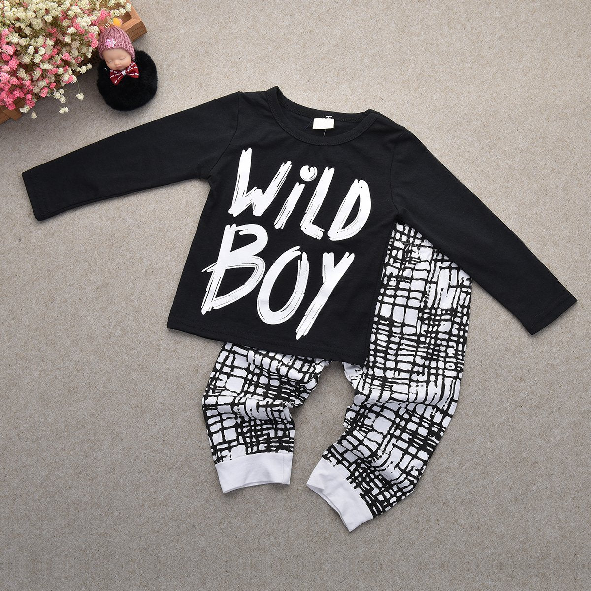 Newborn Baby Boys Clothes Wild Boy Letter Print T-Shirt Tops And Pants Outfits Set Autumn Winter(01 Black,12-18 Months)