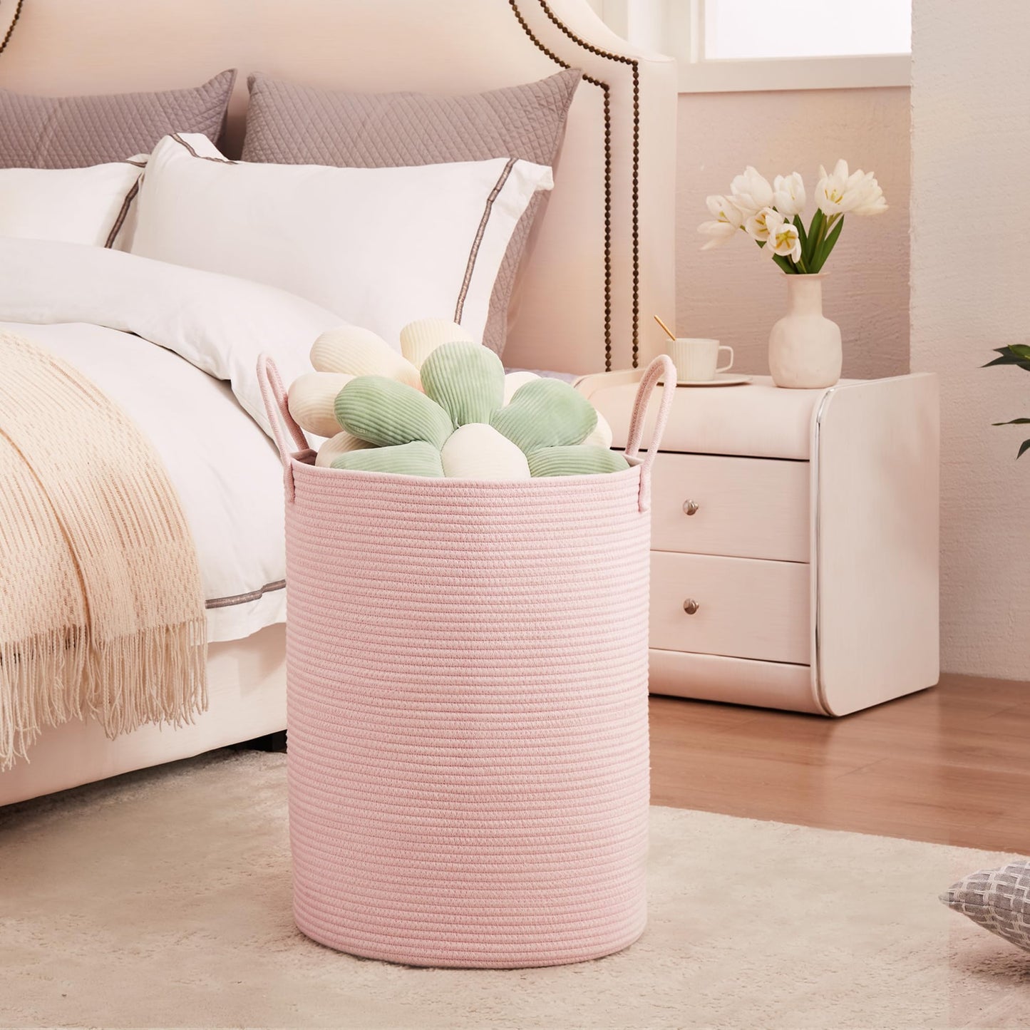Mojoscend Pink Hamper Laundry Basket For Baby Girls Nursery Hamper For Kids Woven Rope Clothes Basket For Little Girls Room Bedr