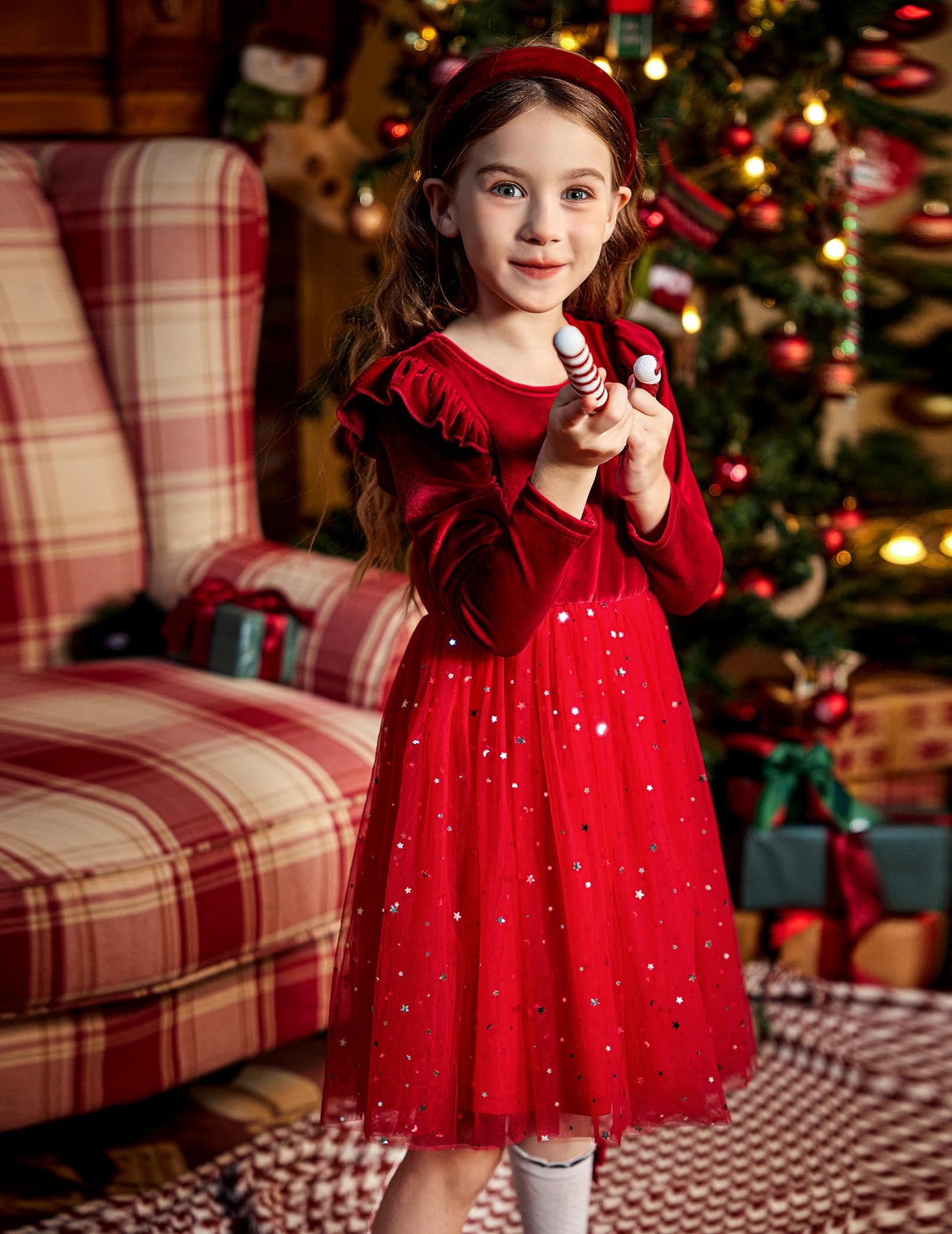 Arshiner Girls Christmas Dress Velvet Tutu Long Sleeve Winter Holiday Valentines Outfit Red Size 7