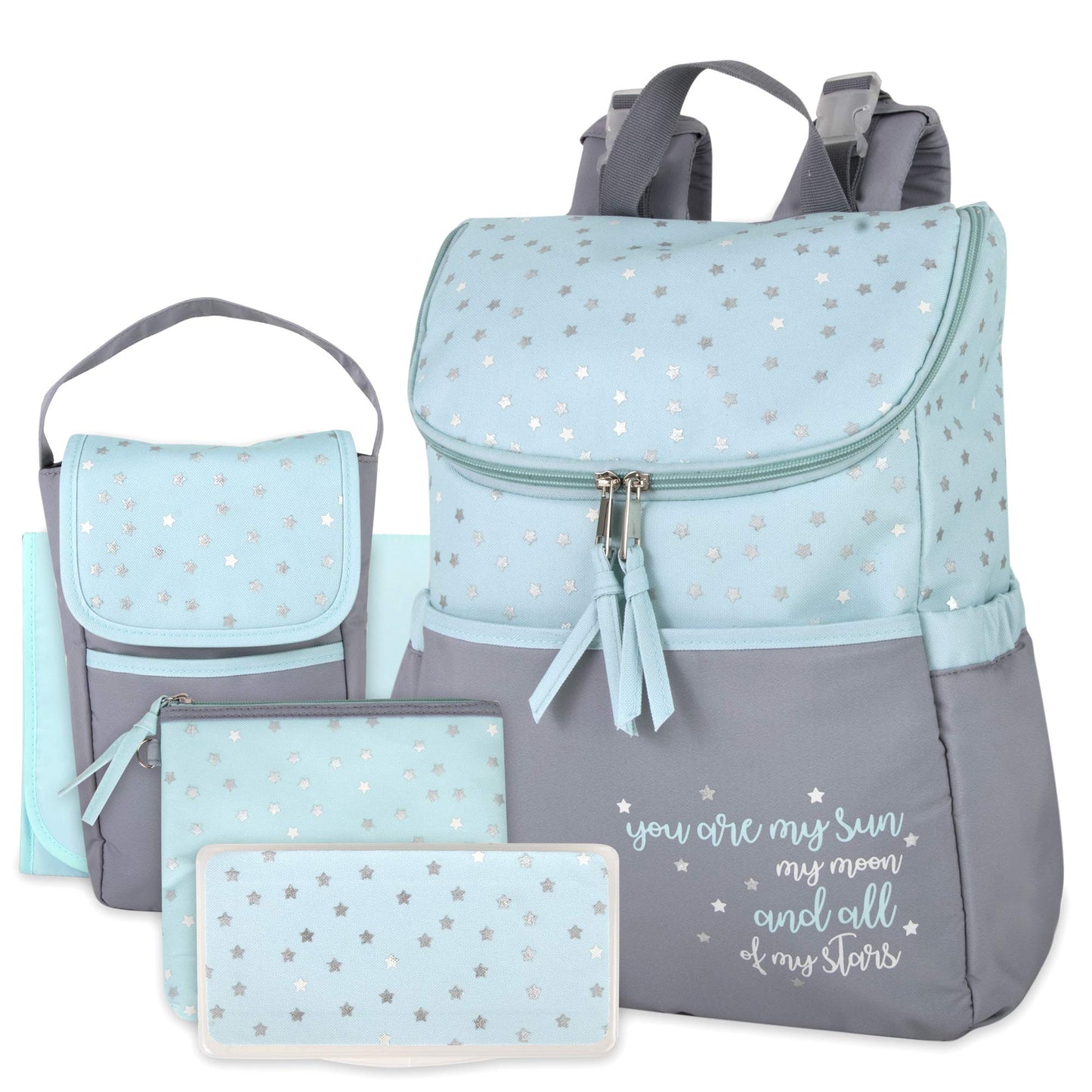 Baby Essentials Diaper Bag Backpack 5 Piece Set with Sun, Moon, and Stars, Wipes Pocket, Stroller Straps, Dirty Diaper Pouch, Ch