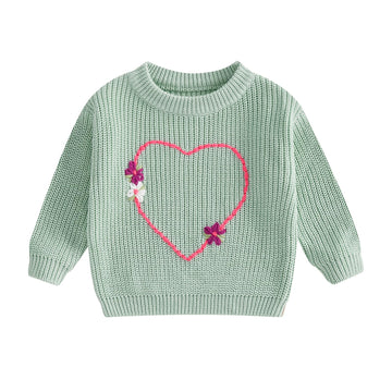 Nokpsedcb Baby Girl Cute Long Sleeve Heart Flowers Embroidery Oversized Sweater Toddler Valentine Outfit (Green, 6-9 Months)