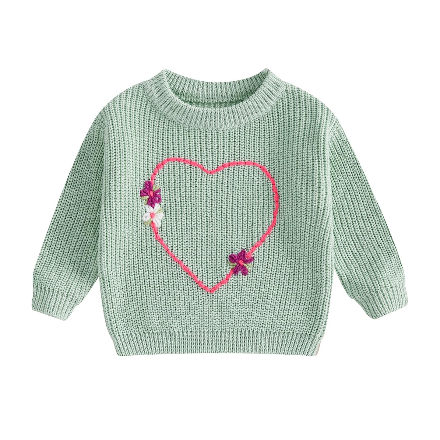 Nokpsedcb Baby Girl Cute Long Sleeve Heart Flowers Embroidery Oversized Sweater Toddler Valentine Outfit (Green, 12-18 Months)