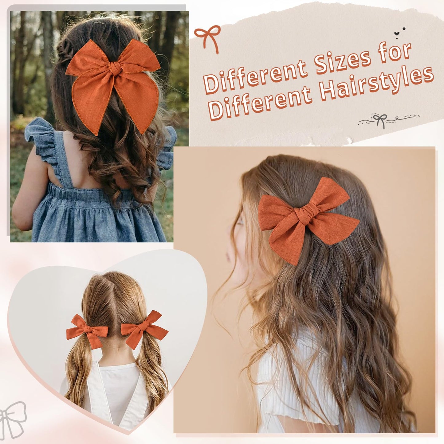 Deeka 4 Pcs Burnt Orange Cotton Linen Hair Bows 3 Styles 5' & 4' Handmade Hair Bow Set For Toddler Girls Alligator Hair Clips
