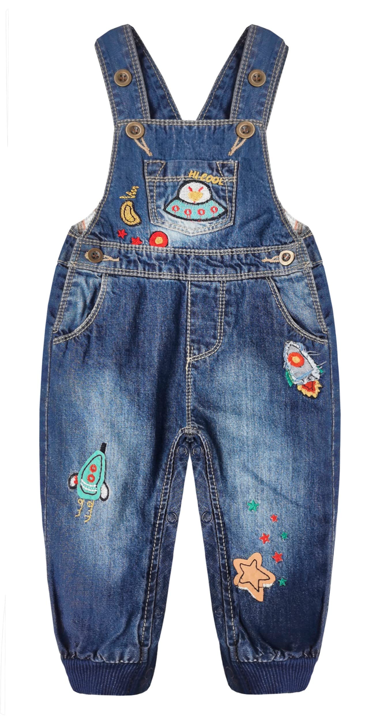 Kidscool Space Baby Boys Easy Diaper Changing Snap Legs Rockets Embroidered Denim Overalls,Blue,9-12 Months